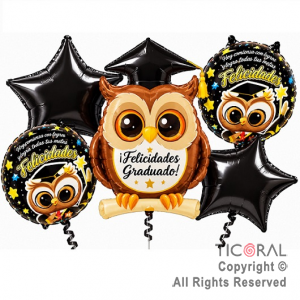 SET DE GLOBOS METALIZADO FELICIDADES GRADUADO BUHO 5 UNIDADES